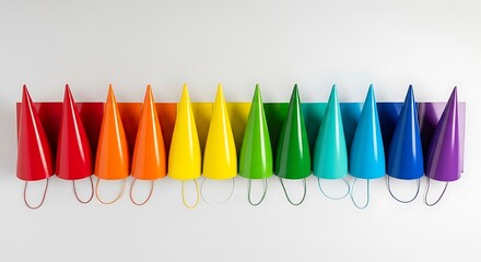 A vibrant rainbow of conical paint tubes arranged in order of color on a white background