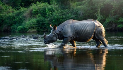 A large white rhinoceros mammal with a big horn stands in the wild African nature river water