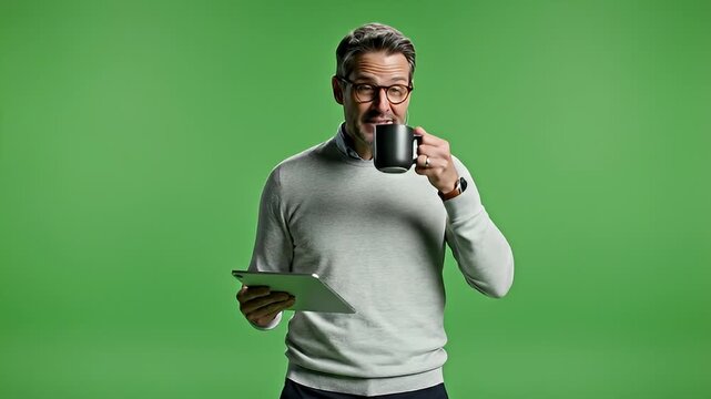Businessman reading tablet and drinking coffee on green screen video.
