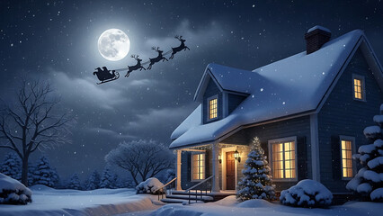 Santa’s Sleigh Flying Over Snowy House on Magical Christmas Eve Night