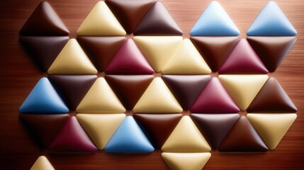 An abstract pattern featuring a collection of colorful, triangular shapes arranged on a wooden surface.