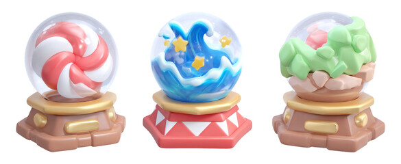 Colorful Snow Globes with Candy, Water, and Nature Themes for Creative Projects