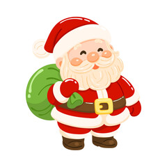 Cute Santa Claus with a bag of gifts.