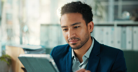Tablet, typing and planning with business man in office for finance report, investor research and...