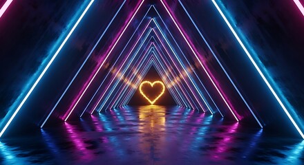 Vibrant neon tunnel with glowing heart symbol reflecting on wet floor