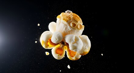 A single piece of popped popcorn suspended in mid air with a dark background