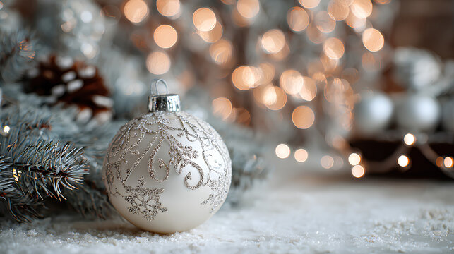 Christmas white decoration ball and spruce tree close up, bokeh lights background. Merry Christmas and Happy Holidays greeting card. New Year. Noel. Winter festive xmas theme 