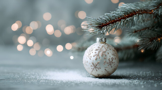 Christmas white decoration ball and spruce tree close up, bokeh lights background. Merry Christmas and Happy Holidays greeting card. New Year. Noel. Winter festive xmas theme 