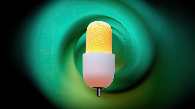 A modern lamp with a glowing bulb against a green and black swirling background. The lamp is white and orange, with a yellow top.