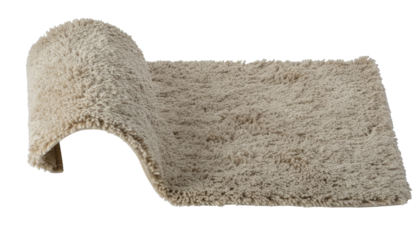 Fluffy, beige, textured mat; one end curled upward