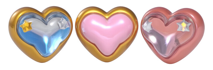 Translucent Heart Gemstones with Glow Effects Isolated on a White Background
