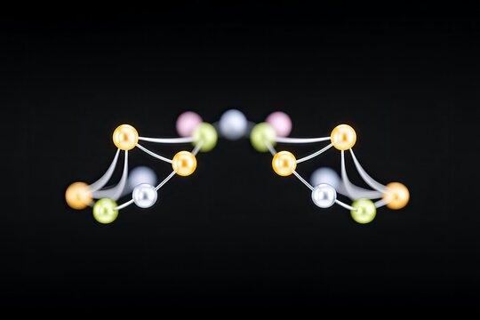 Close-up of a colorful abstract molecular structure against a black background. The image features a symmetrical design with spheres connected by lines.