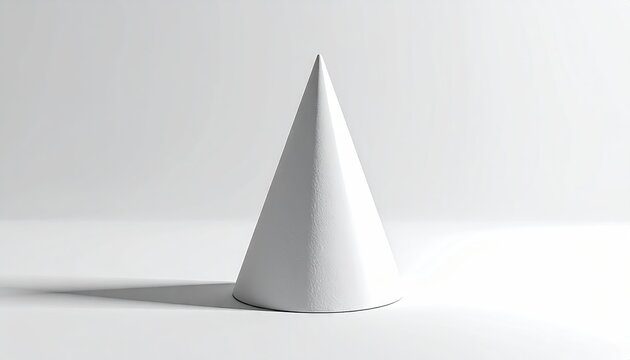 Single white cone stands with its shadow, lit by directional light on a stark white surface