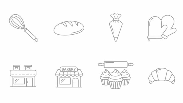Illustration showcasing bakery related items including a whisk, bread, pastry bag, and oven mitts icons
