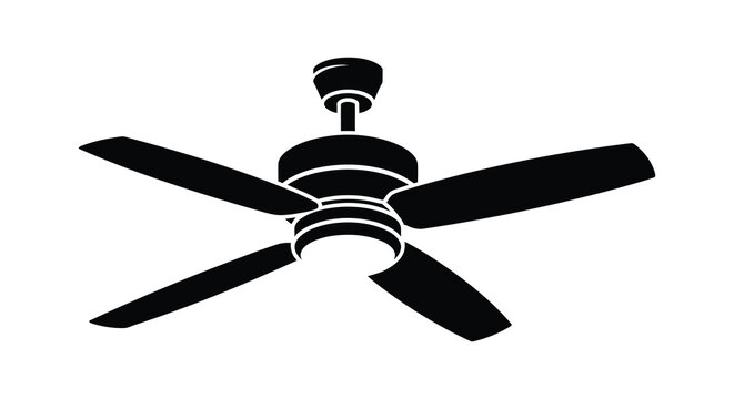 A striking black and white illustration of a classic five bladed ceiling fan silhouette