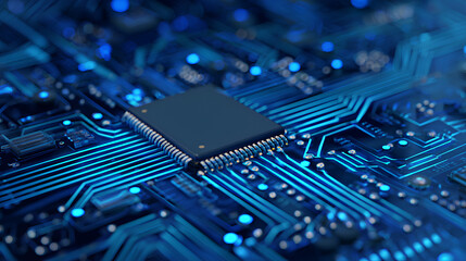 Circuit board components on a technology blue background. Horizontal web banner with empty place for text. AI chip on a futuristic chipset motherboard. Tech bg. Abstract digital vector illustration. 