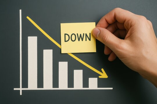 Hand placing a sticky note labeled 'DOWN' on a downward trending bar graph, symbolizing decline in performance or metrics. Concept of analysis, data interpretation, and economic downturn.