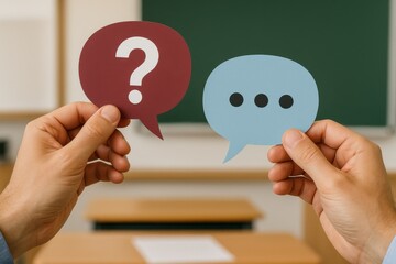 Hands holding colorful speech bubbles representing communication challenges and inquiries in a classroom setting. Concept of dialogue, curiosity, and student engagement in education.