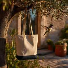 Obraz premium Tote Bag with Hummingbird in Tranquil Natural Garden: Artisan Craftsmanship for Sustainable Living and Outdoor Decor