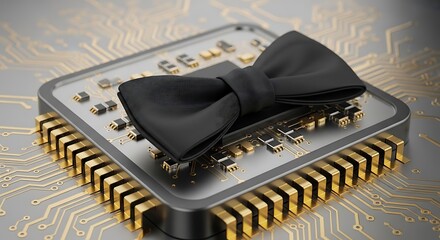 A miniature black bow tie elegantly rests atop a complex integrated circuit chip