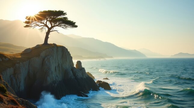 Solitary tree on a rocky cliff overlooking the ocean at sunset