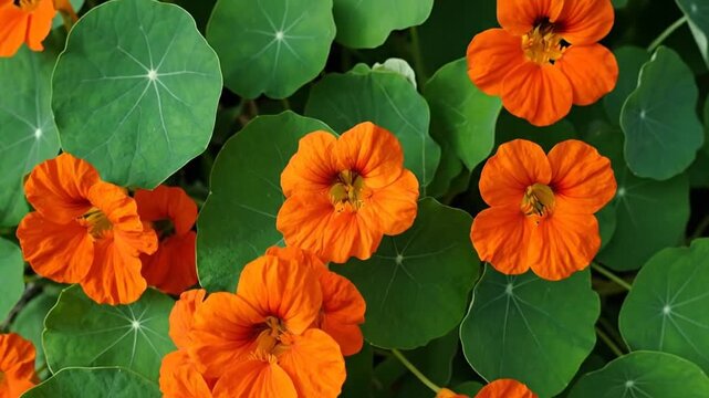 Vibrant Orange Nasturtium Flowers Blooming Amongst Green Leaves