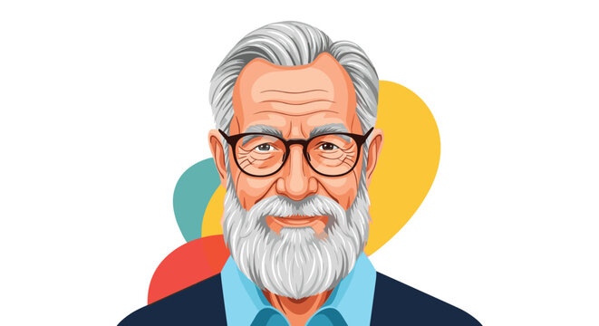 A vibrant illustration of a kind, wise elderly man with a long gray beard and glasses, featuring a friendly smile and warm expression.