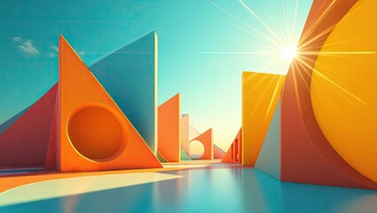 Geometric shapes create a vibrant and sunny composition with orange and blue tones, featuring a large circular opening in the middle, set against a bright sky that radiates light from above with...