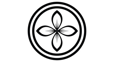 A circular floral design featuring a four petal bloom within a bold outline silhouette