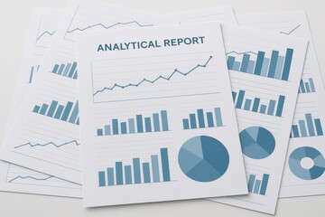 Stack of analytical reports featuring various data visualizations and charts. Concept of data analysis, reporting, business intelligence, and informed decision-making.