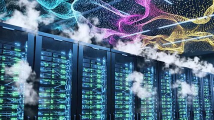 Servers in a data center with digital particle streams and vapor, depicting network activity - Powered by Adobe
