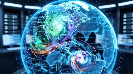 A glowing digital globe displays swirling storm patterns, data center backdrop - Powered by Adobe
