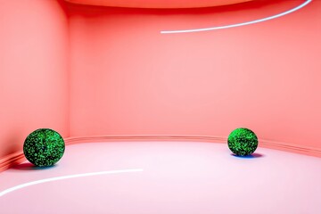 Two green spheres in a pink room with neon lines, creating an abstract and modern composition. Indoors, studio shot.