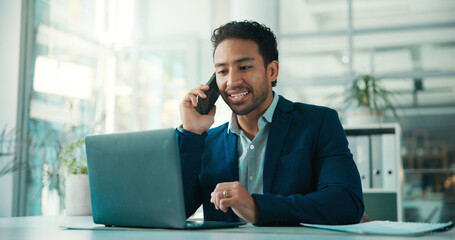 Phone call, communication or man with laptop for consultation, verify details or application review update. Credit history, banking advice or loan officer talk for client options, evaluation or tech