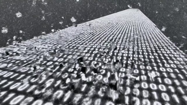 Abstract black and white digital artwork with binary code and geometric shapes, angled perspective