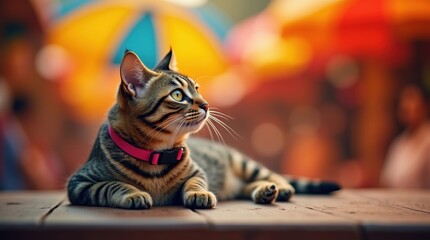 Cute tabby cat with green eyes wearing a pink collar outdoors