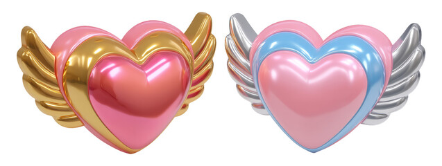 Smooth Metallic Heart Tokens with Wings in Vibrant Colors for Illustrative Purposes