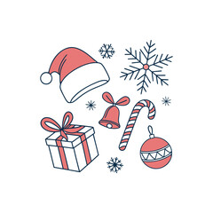 Christmas 2026 decorative clipart — santa hat, candy cane, red ribbon bow, snowflake, jingle bell, gift box, ornament ball — in modern flat vector style, transparent background, festive color palette