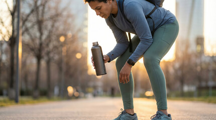 Active woman taking a water break during her exercise