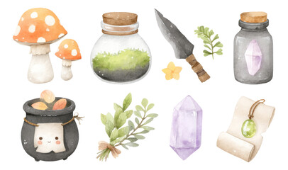 Colorful Witchcraft Potion Ingredients and Tools on Transparent Background