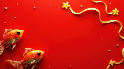 Two ornate goldfish swim on a vibrant red background with decorative gold ribbons