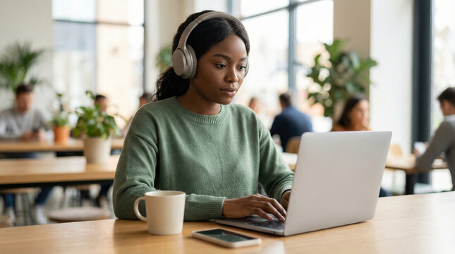 Focused young woman uses laptop at co-working space