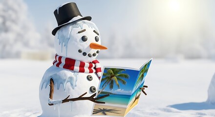 Whimsical snowman in a snowy landscape reads a tropical beach vacation brochure