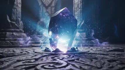 Magical purple crystal glowing with blue energy on ancient stone floor emitting sparkling particles and mist in dark mystical fantasy environment with mysterious glowing light and enchanting smoke - Powered by Adobe