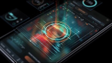 Social media algorithms impact. Engagement technology. Behavioral influence trend. A futuristic smartphone displaying vibrant data visualization. - Powered by Adobe