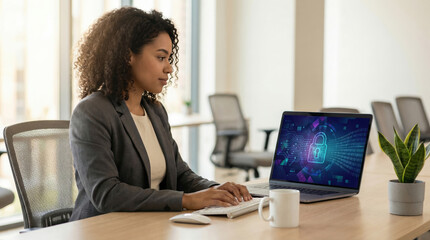 Businesswoman working on laptop with data security concept on screen