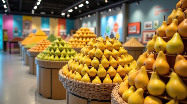 Abundant display of fresh pears and other fruits in a vibrant market