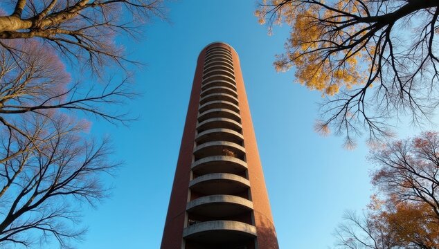Tall cylindrical building with balconies against a clear blue sky and autumn trees - Powered by Adobe