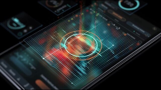 Social media algorithms impact. Engagement technology. Behavioral influence trend. A futuristic smartphone displaying vibrant data visualization.