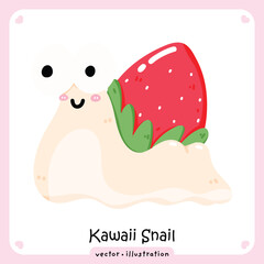 Cute Kawaii Snail Character with Strawberry Shell. Sweet Food-Animal Hybrid Vector Illustration for Kids and Dessert Themes.